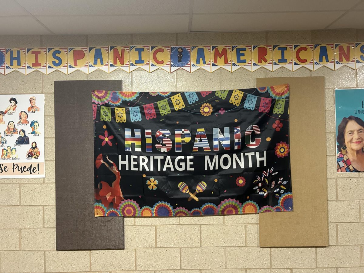 The Hispanic Heritage Month flag in the Language Hallway